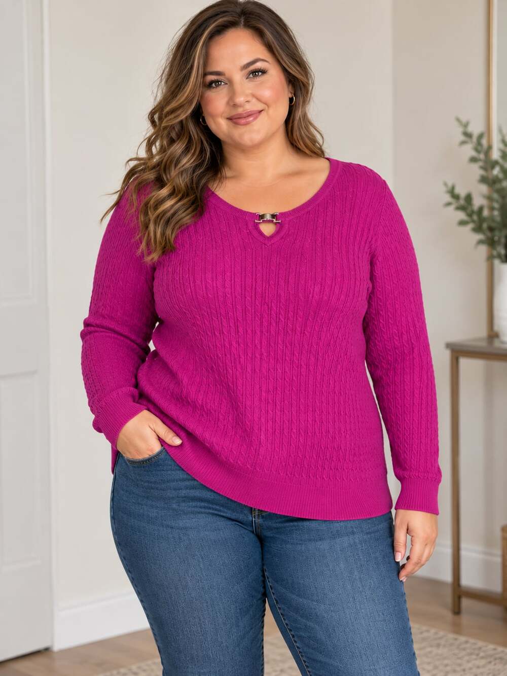 Karen Scott Keyhole Cable Knit Sweater Size XXL 100% Cotton